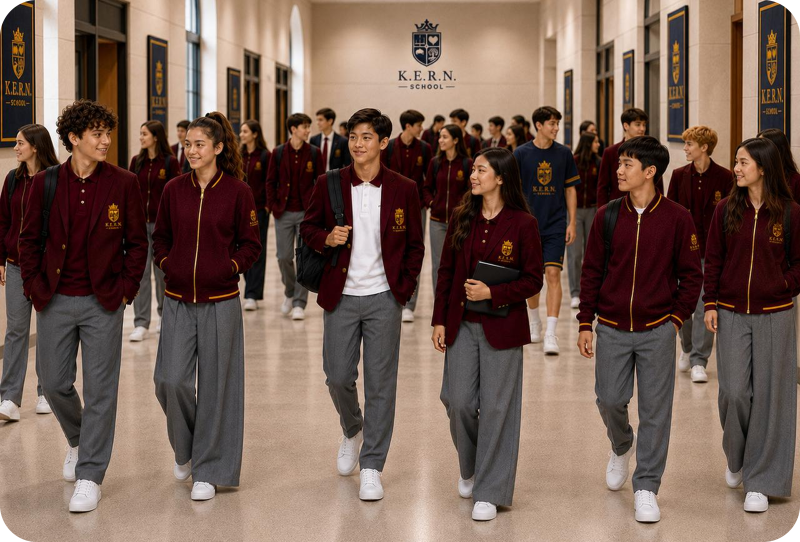A group of students wearing school uniforms walk through a hallway under the "K.E.R.N. SCHOOL" logo.