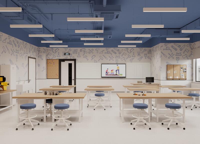 The image shows a classroom with light wooden desks and blue stools, a TV screen displaying people gardening, and walls decorated with tool icons.