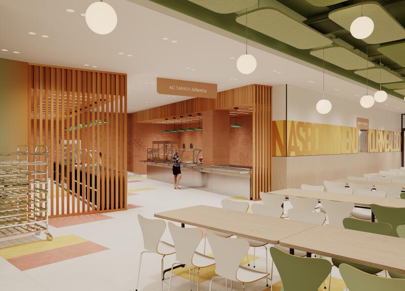 The image shows a brightly lit, modern cafeteria interior with tables and chairs in the foreground, a serving area in the background, and signage that reads "AC TAPATY AЙMAҒbI" and "NASHU NEW DURVEALEU."