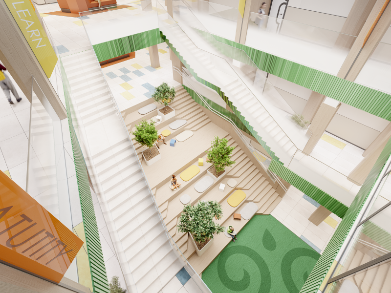 A multi-level interior space features stairs, seating areas with trees, and green accents. The words "LEARN" and "ALITY" are visible on vertical signs.