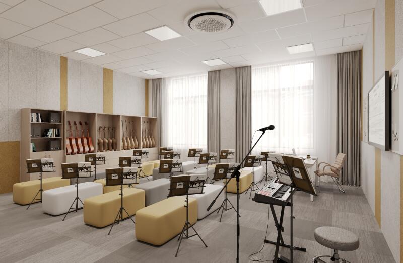 A music classroom is shown, featuring rows of music stands and seating, along with a keyboard, microphone stand, and guitar display cases along the back wall.