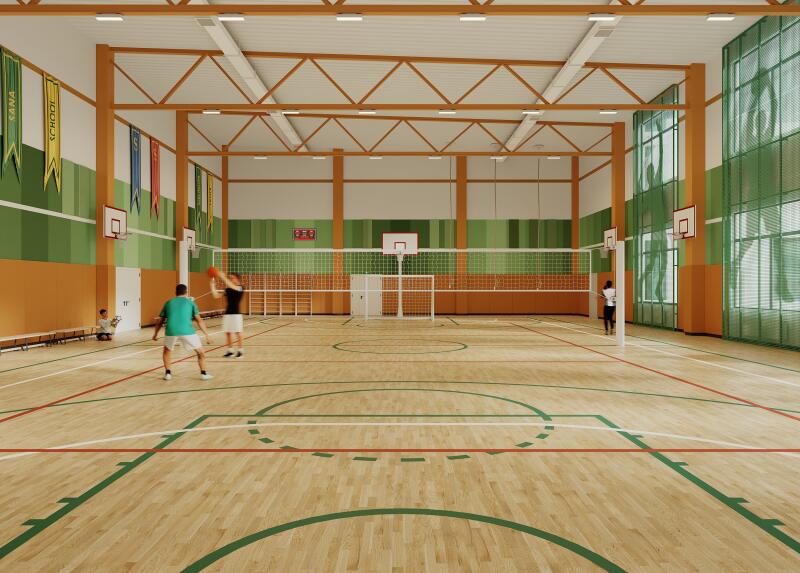 The image shows a brightly lit indoor gymnasium with a wooden floor marked with green, white, and red lines, suggesting spaces for basketball and volleyball; a volleyball net is set up in the middle of the court. There are several people on the court, some playing with a ball, and banners with the word "SCHOOL" hang from the walls.