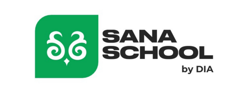 The image shows the logo for SANA SCHOOL by DIA, featuring a green rounded square with a white ornamental design and the school's name in bold black letters.