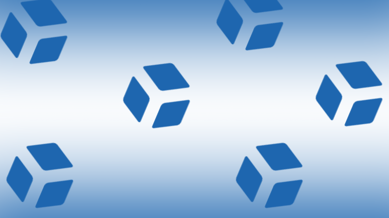 The image shows a light blue to white gradient background with several blue cube icons scattered across it.