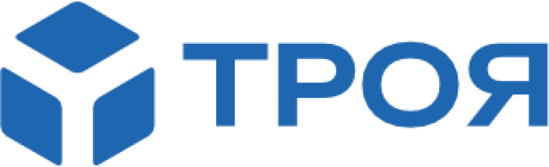 The image displays a blue logo consisting of a stylized cube-like shape to the left and the word "ТРОЯ" in blue, with a black background.