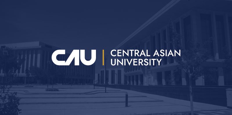 The image displays the Central Asian University logo, buildings, and grounds in a dark blue tone, with the university's name in white next to a yellow vertical line.