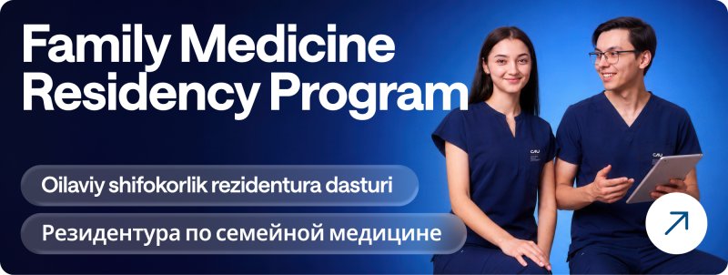 Two medical professionals in navy blue scrubs, a woman and a man holding a tablet, are positioned against a blue background. Large white text reads "Family Medicine Residency Program" with two buttons below showing "Oilaviy shifokorlik rezidentura dasturi" and "Резидентура по семейной медицине".