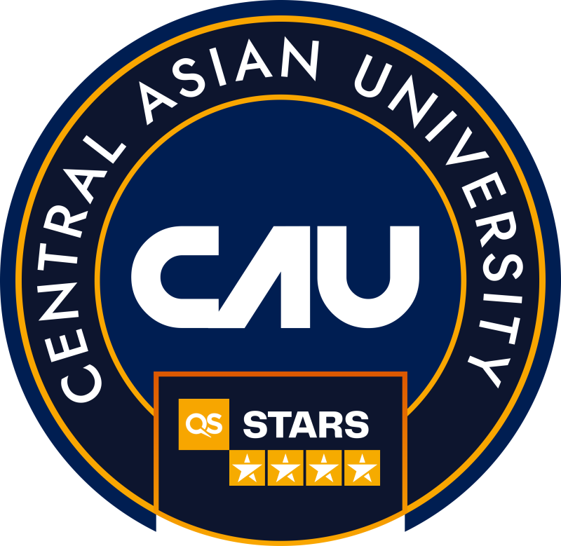 The image is a logo for Central Asian University. It features the acronym "CAU" in white, centered on a blue circle with the university's name in white text along the circle's edge, framed by gold lines. Below, a "QS STARS" badge displays four out of five gold stars.