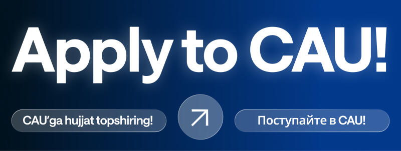 На изображении текст "Apply to CAU!", написанный большими белыми буквами на темно-синем фоне, а ниже три кнопки с вариантами на казахском, русском языках и значком стрелки для продолжения.