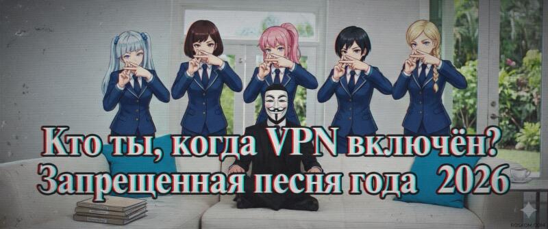 На изображении пять девушек в стиле аниме, одетых в синюю школьную форму, делают "X" пальцами перед лицом. Перед ними сидит человек в маске Гая Фокса и черном костюме. Текст гласит: "Кто ты, когда VPN включён? Запрещенная песня года 2026".