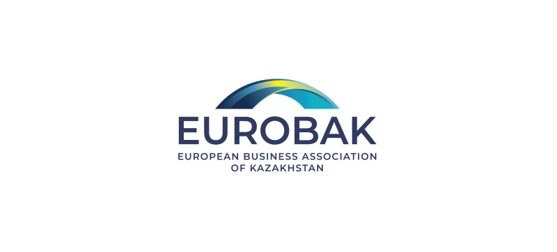 Logo for "EUROBAK EUROPEAN BUSINESS ASSOCIATION OF KAZAKHSTAN" featuring an abstract, colorful arc in shades of blue, yellow, and green above the text, all on a white background.