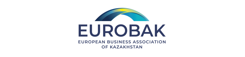 The logo features a gradient arched shape in shades of blue, yellow, and turquoise above the dark blue text "EUROBAK" and "EUROPEAN BUSINESS ASSOCIATION OF KAZAKHSTAN".