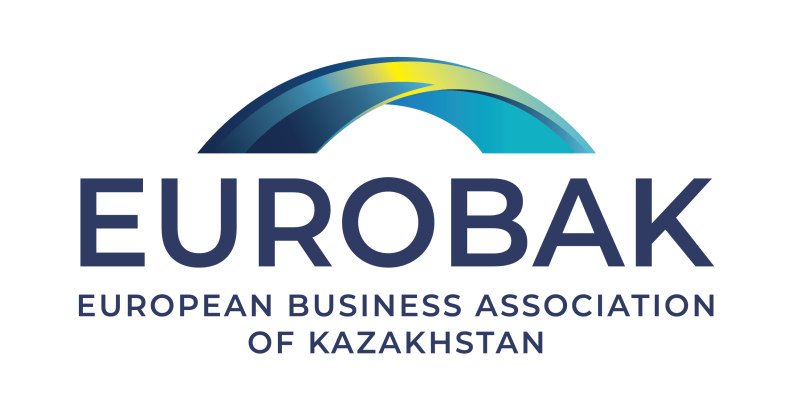 На изображении представлен логотип EUROBAK, включающий стилизованную дугу в оттенках синего и желтого над словом "EUROBAK" синего цвета, за которым следует текст "EUROPEAN BUSINESS ASSOCIATION OF KAZAKHSTAN".