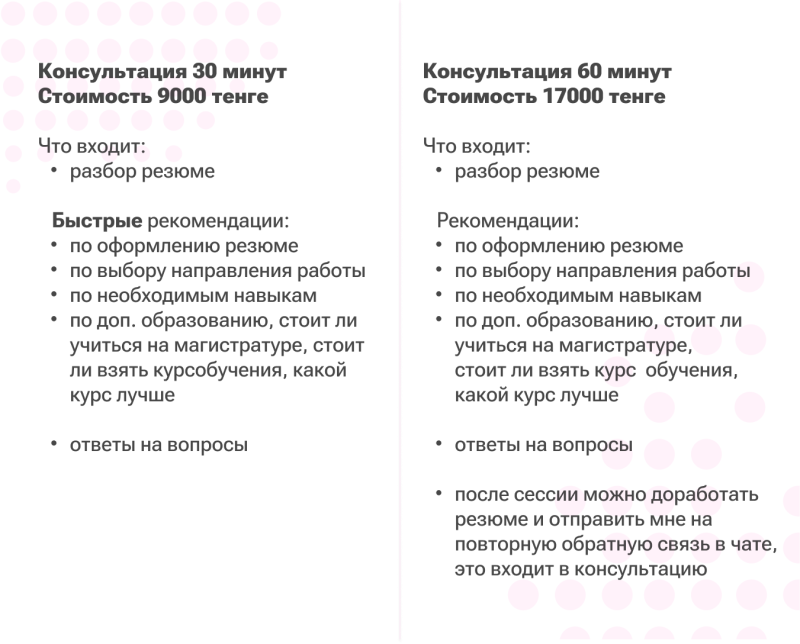 The image displays two service options: a 30-minute consultation for 9000 tenge, including resume review and quick recommendations, and a 60-minute consultation for 17000 tenge, which includes resume review, recommendations, and post-session resume refinement.