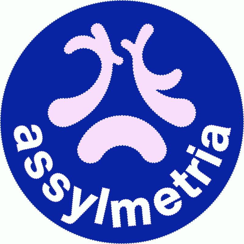 A blue circular logo features the white text "assylmetria" curved along its bottom edge and three light pink abstract shapes in the center, all with a distinctive dotted outline.