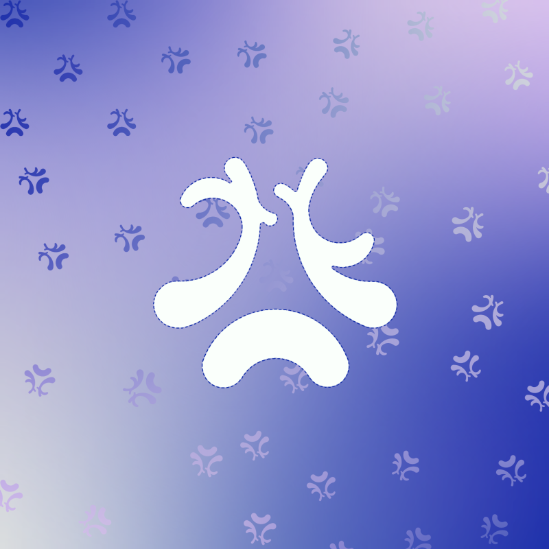 A gradient background transitions from light purple to dark blue, featuring a large white abstract shape with a dashed blue outline in the center. Smaller, semi-transparent purple abstract shapes are scattered across the background.