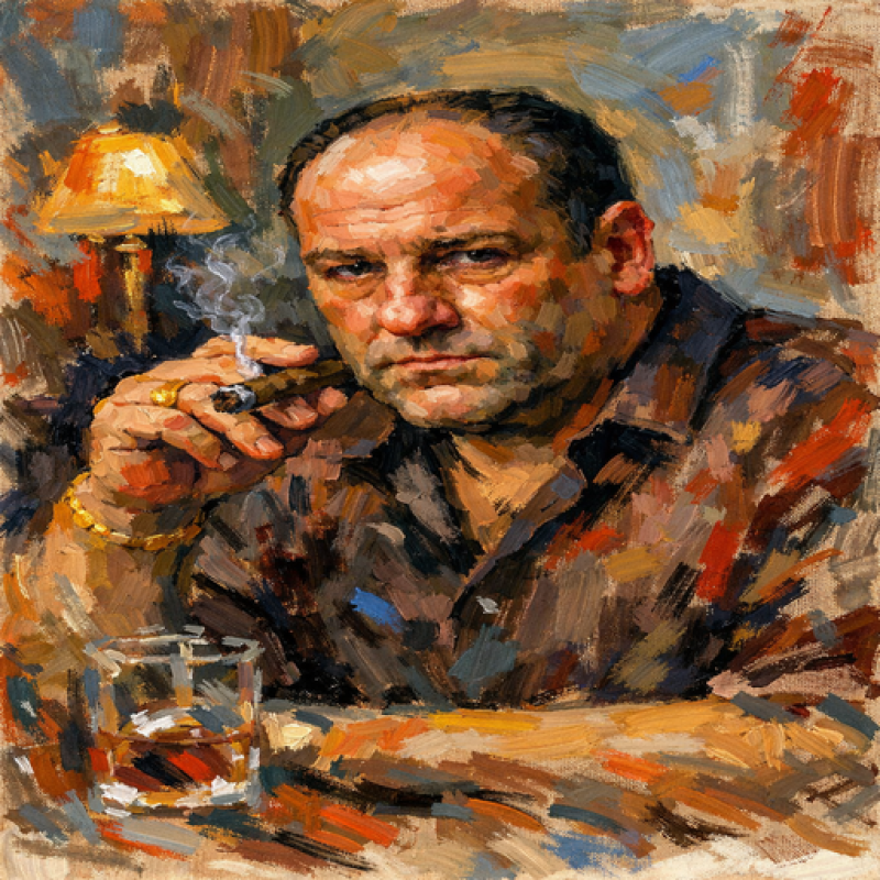 An impressionistic oil painting depicts a man with a stern expression, wearing a patterned shirt, smoking a cigar with smoke rising, with a glass of amber liquid and a lamp visible in the background.