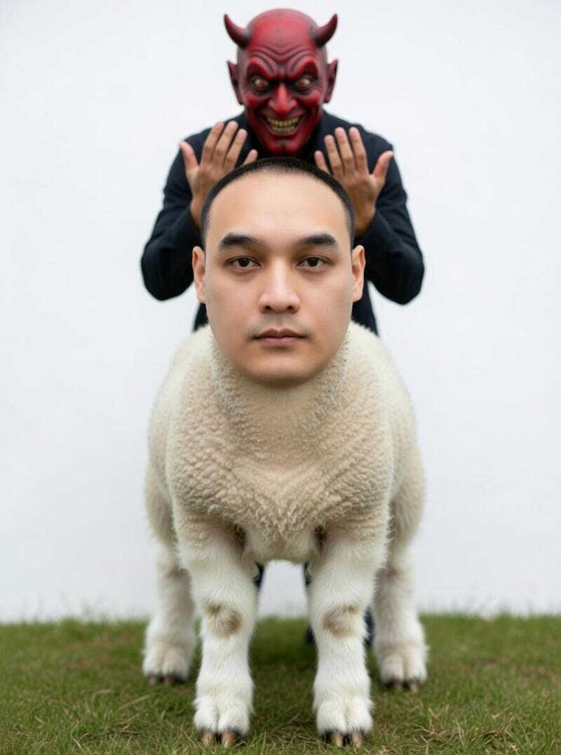 A man's head is superimposed on a lamb's body, standing on green grass, with a person in a red devil mask with raised hands standing behind it against a white background.