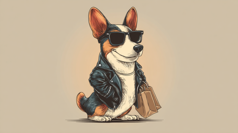 A cartoon corgi wearing sunglasses and a black leather jacket, smiling and holding two brown shopping bags, on a plain beige background.