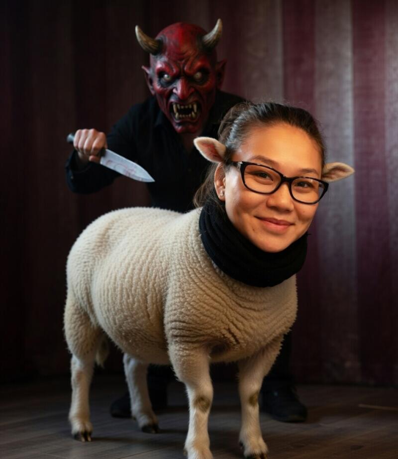 A person in a red devil mask with horns holds a knife behind a white sheep that has a smiling woman's face with glasses, a black scarf, and small sheep ears.
