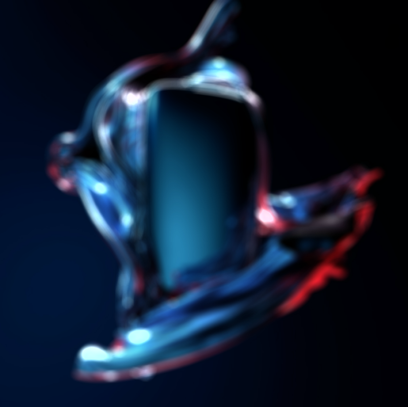 An abstract image features a blurred shape with a central blue area, surrounded by swirling blue and red hues against a dark background.