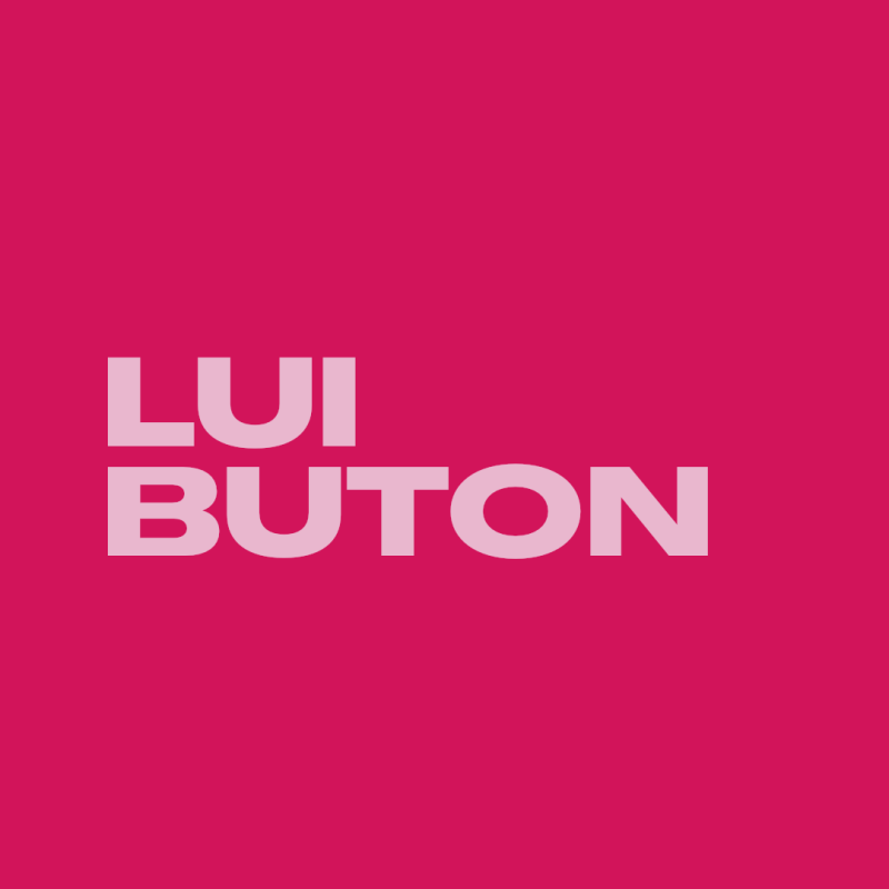 The image features the name "LUI BUTON" in a light pink, block-style font against a solid hot pink background.