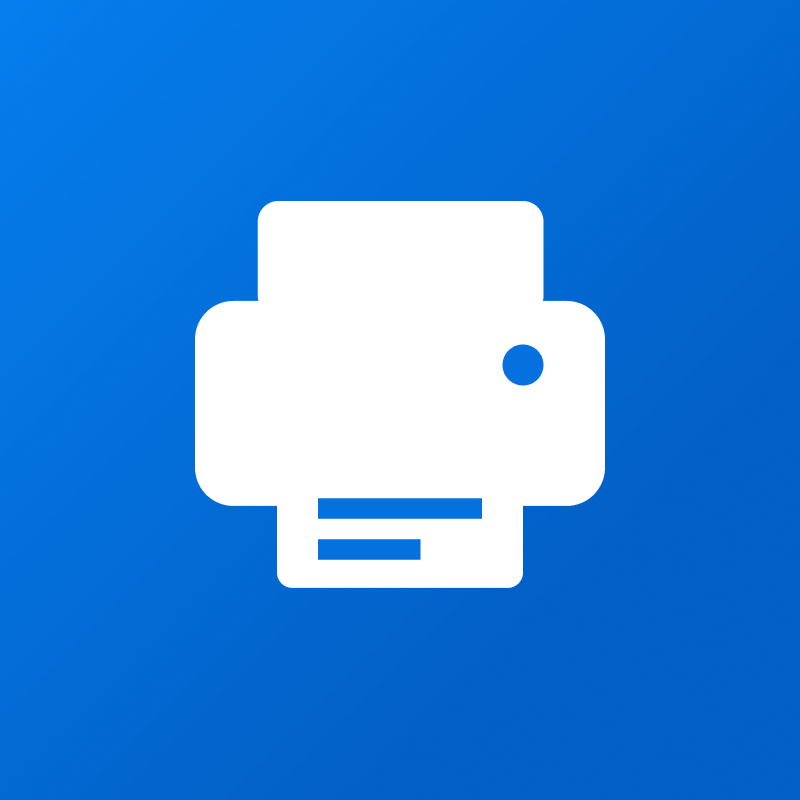 A white printer icon with a small blue circle and two horizontal blue lines at the bottom, set against a solid blue background.
