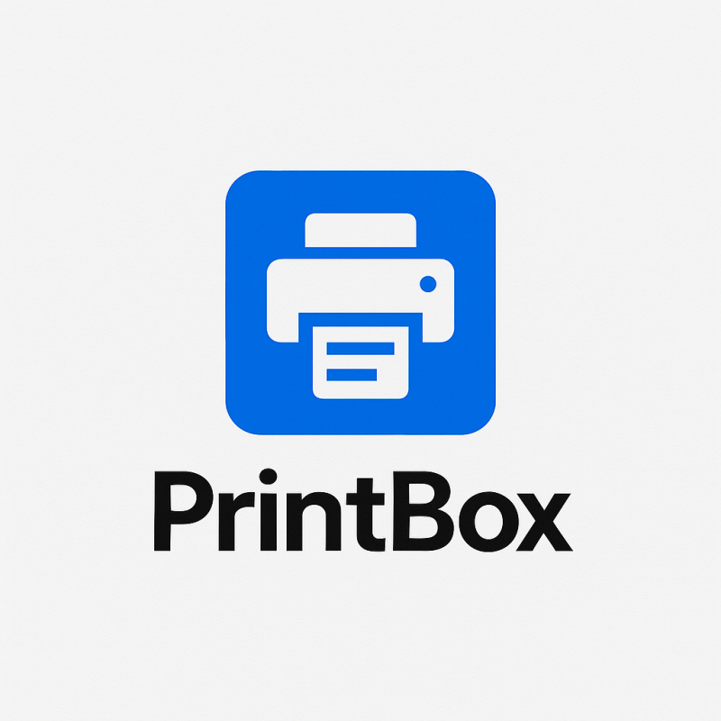 A blue square icon with a white printer outputting a sheet of paper, above the black text "PrintBox" on a white background.