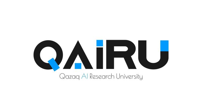 The image shows the logo for QAIRU Qazaq AI Research University, with the letters in black and blue.