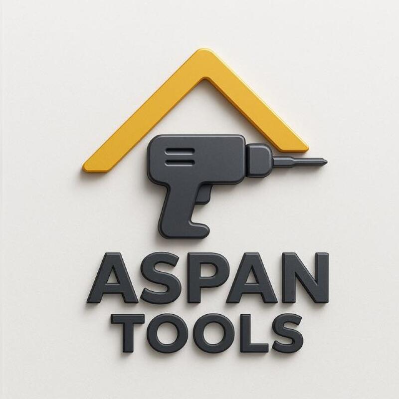 The image features a logo with a yellow roof-shaped element above a gray drill, followed by the text "ASPAN TOOLS" in gray bold letters.