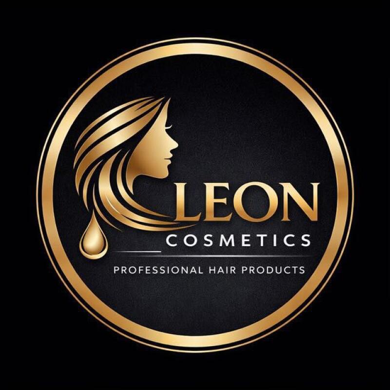 The logo features a golden silhouette of a woman's head within a golden circle, accompanied by the text "LEON COSMETICS" and "PROFESSIONAL HAIR PRODUCTS".