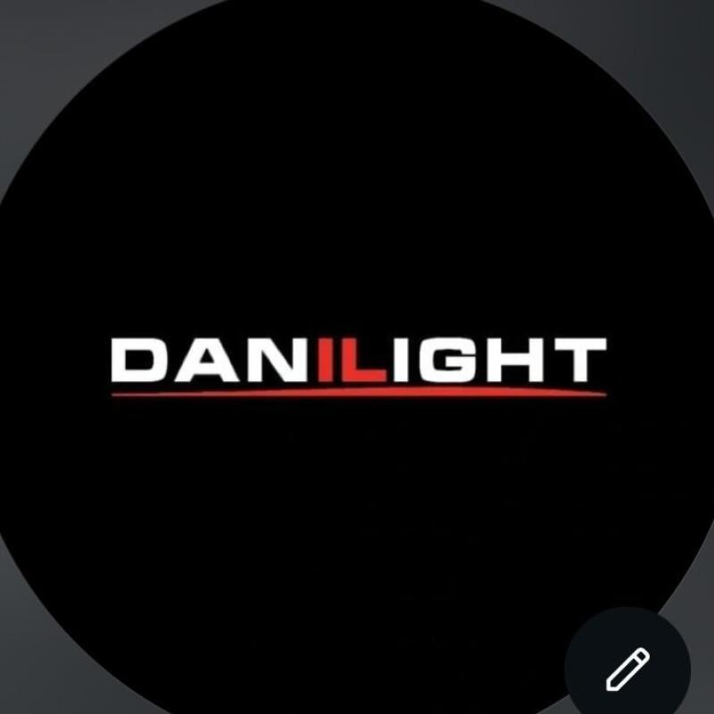 A black circle with the word 'DANILIGHT' in white, featuring a red underline below 'LIGHT', and a white edit icon in the bottom right.