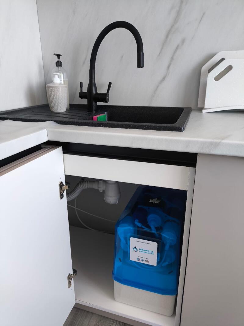 A kitchen counter with a black sink, faucet, and soap dispenser, with an open cabinet below revealing a blue "DREAMFILTER PREMIUM RO-500" water filter system.