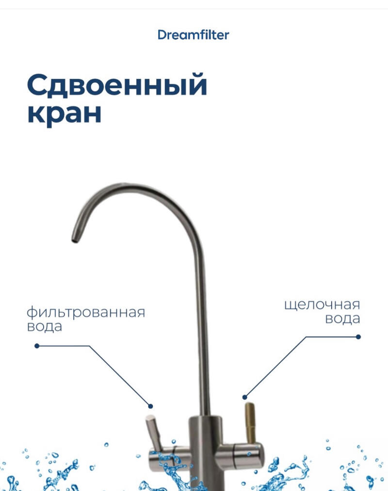 A brushed metal dual tap with water splashes at its base, featuring text labels "Dreamfilter", "Dual tap", "Filtered water", and "Alkaline water" on a white background.