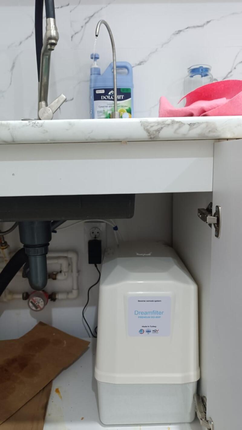 A kitchen counter features two faucets, one actively dispensing water, alongside a blue bottle of DOLCAIT dish soap and a red cloth. Under the sink, a white Dreamfilter PREMIUM RO-4SP reverse osmosis water filtration system is installed, visible with plumbing and an electrical outlet.