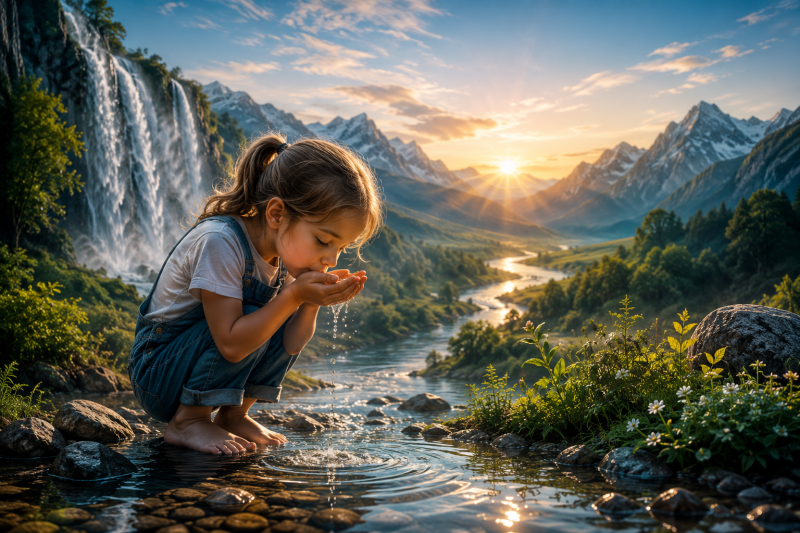 A young girl crouches by a stream, collecting water in her cupped hands, with a waterfall, snow-capped mountains, and a winding river visible in the background at sunset.