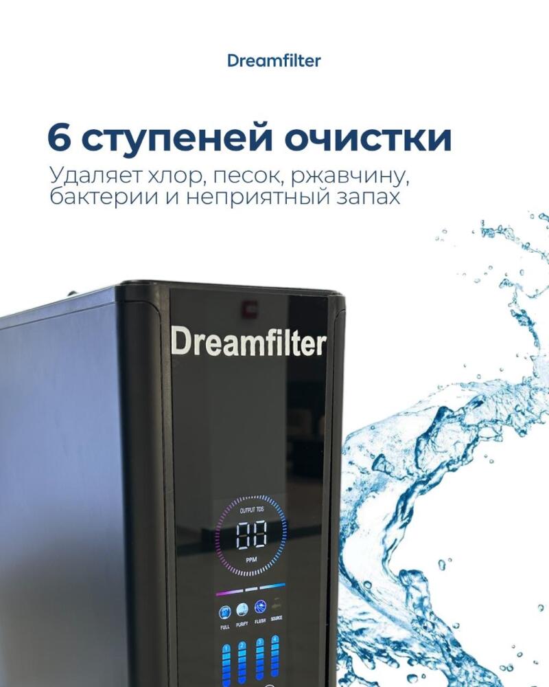A black Dreamfilter water filter with a digital display showing "OUTPUT TDS 00 PPM" and other indicators, next to a splash of water. The top text reads "Dreamfilter 6 stages of purification" and "Removes chlorine, sand, rust, bacteria and unpleasant odor."