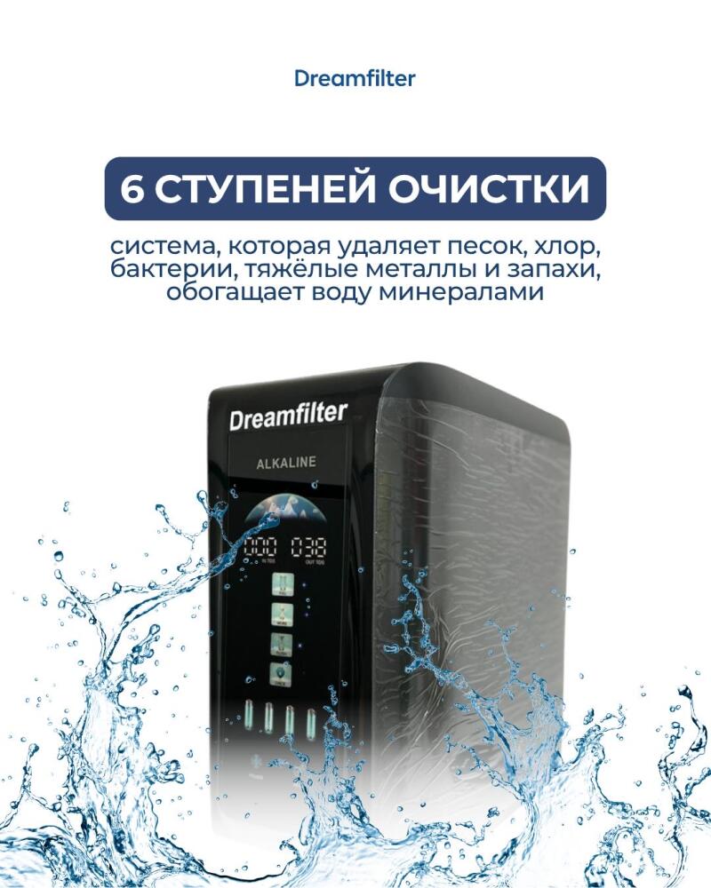 A black Dreamfilter ALKALINE water purification system with a digital display showing '000 038' is surrounded by water splashes, with text at the top reading 'Dreamfilter', '6 СТУПЕНЕЙ ОЧИСТКИ' (6 STAGES OF PURIFICATION), and 'система, которая удаляет песок, хлор, бактерии, тяжёлые металлы и запахи, обогащает воду минералами' (a system that removes sand, chlorine, bacteria, heavy metals and odors, enriches water with minerals).