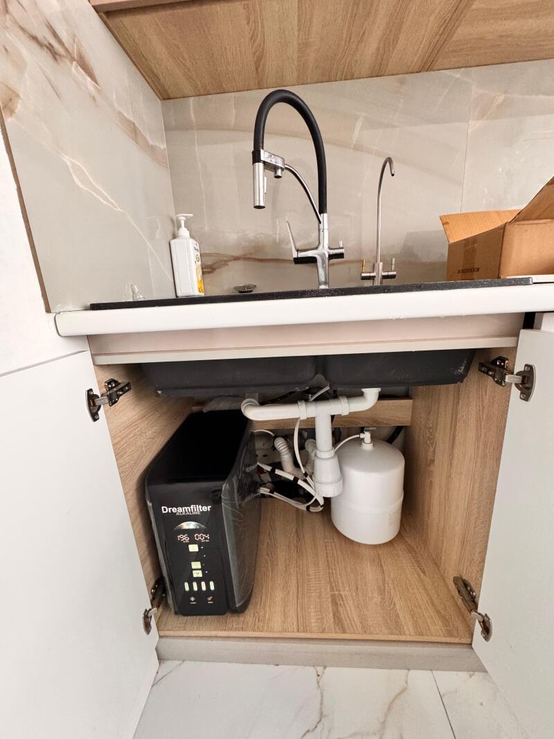 A kitchen sink area with a main faucet and a separate filter tap, showing a Dreamfilter water filtration system and a white pressure tank installed in the cabinet below. The black filter unit displays '196 004' and has several indicator lights.