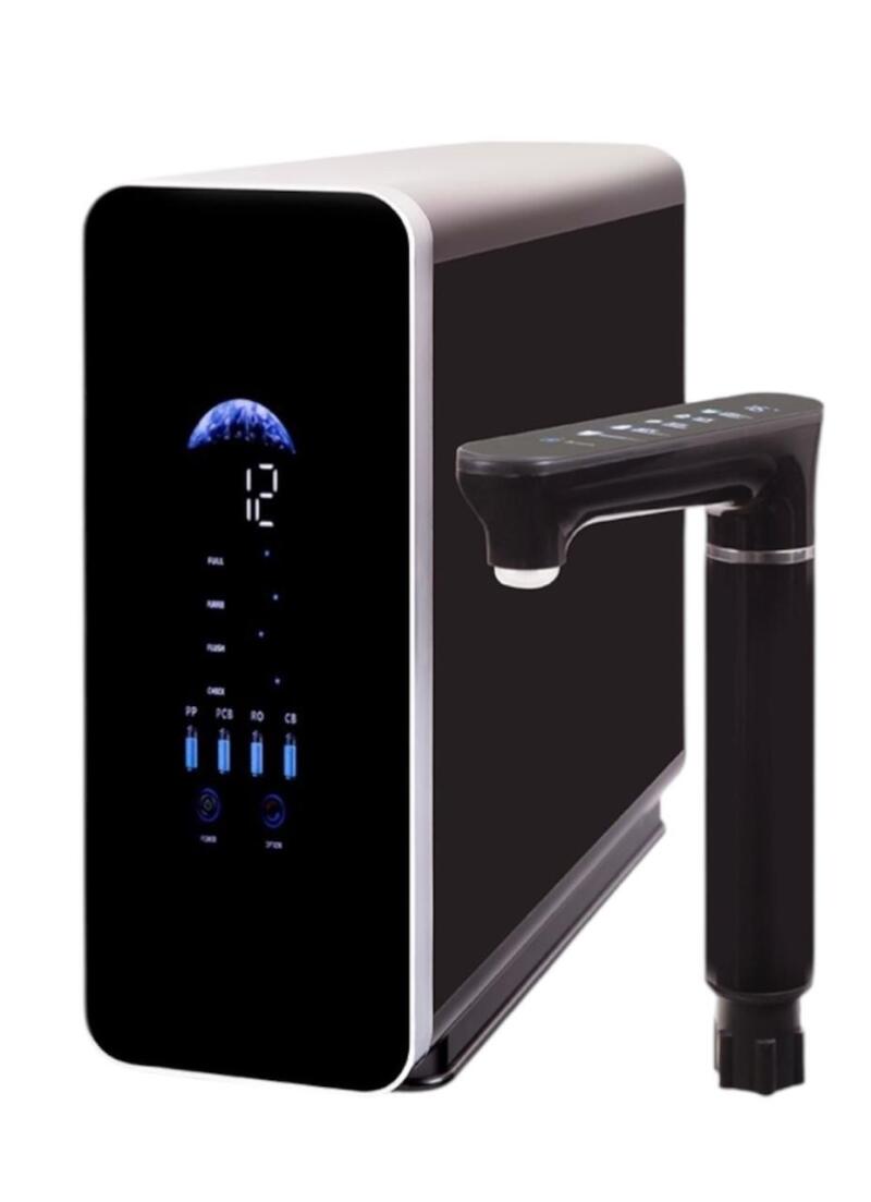 A black water purifier with a digital display showing "12", an arc with a blue pattern, filter indicators (PP, PCB, RO, CB) with blue bars, and status text like "FULL", "FLASH", "CHECK". A black faucet is attached to the right side.