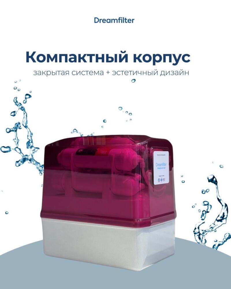 A water filter system with a white base and a translucent magenta top, showing pink filter cartridges inside, with water splashes on both sides. Text on the image includes "Dreamfilter", "Компактный корпус" (Compact body), and "закрытая система + эстетичный дизайн" (closed system + aesthetic design).