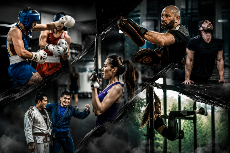 A dynamic collage features multiple individuals engaged in fitness and combat sports: two boxers sparring, martial artists in gis, a woman performing cable exercises, a trainer holding focus mitts, a man stretching, and another woman doing hanging leg raises. Brands like VENUM and Adidas are visible.