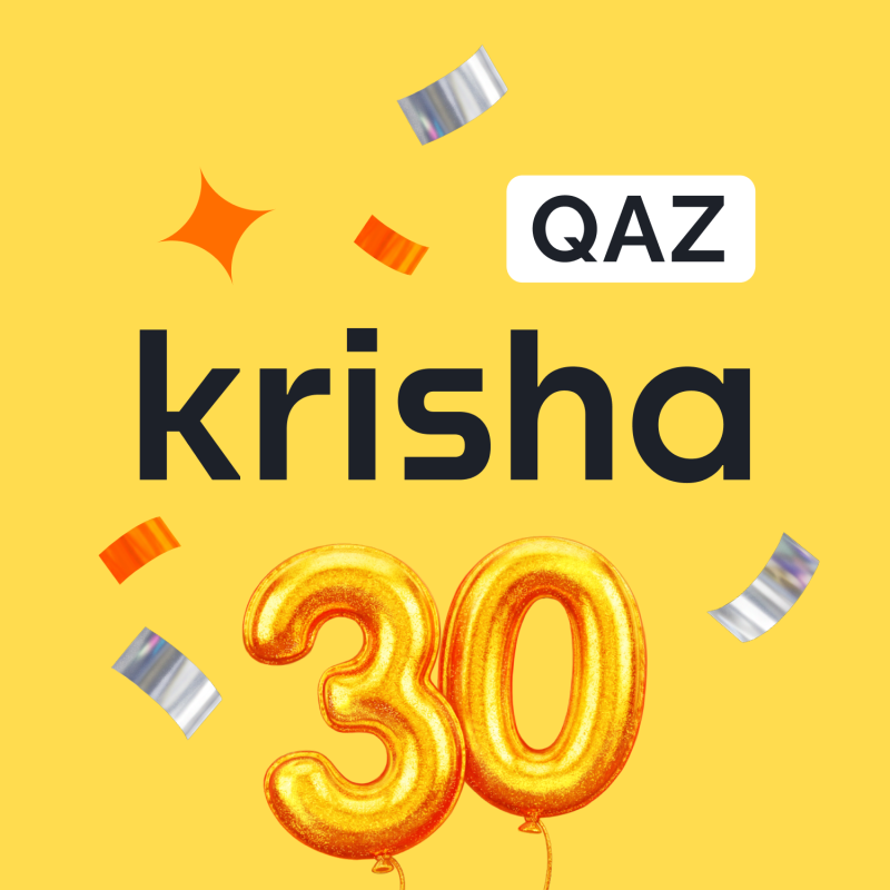 A yellow background with black text "krisha", a white box with "QAZ", golden balloons forming the number "30", and scattered orange and silver confetti.