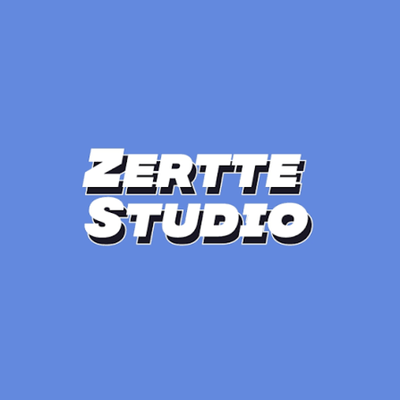 White text "ZERTTE STUDIO" with a black shadow effect on a solid blue background.