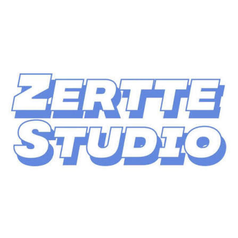 White text "ZERTTE STUDIO" with a blue shadow is displayed on a white background.