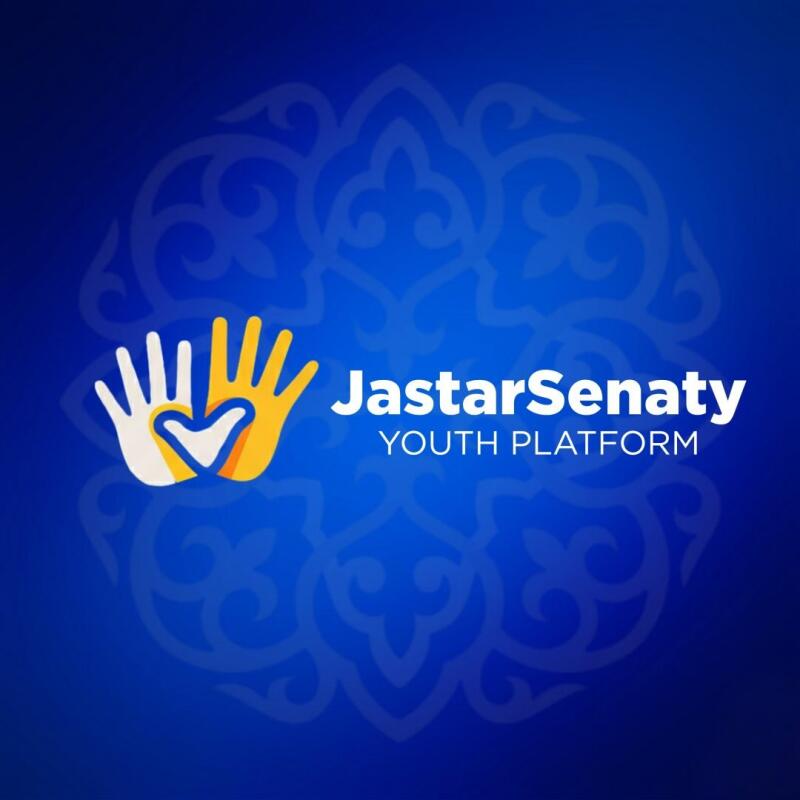 A blue background with a subtle traditional pattern features a logo with a white and a yellow hand forming a heart, next to the white text "JastarSenaty" and "YOUTH PLATFORM".