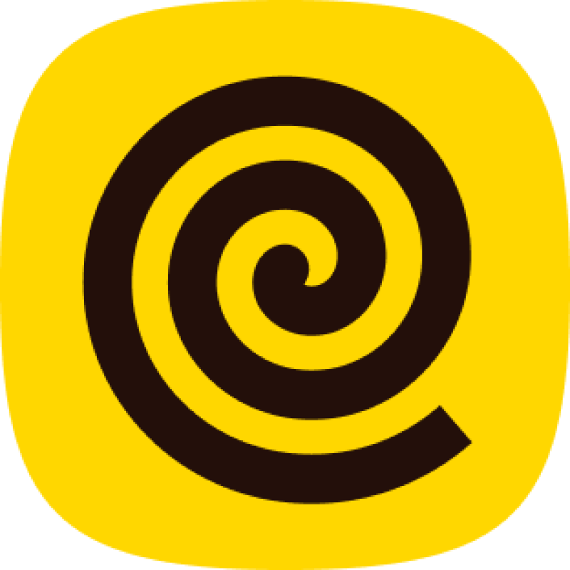 A dark brown spiral icon on a rounded yellow square background.