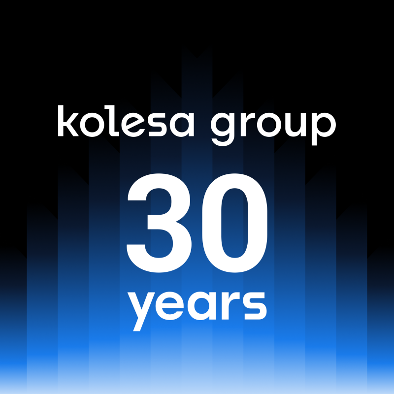 White text "kolesa group 30 years" on a black background that transitions to blue at the bottom, with abstract vertical blue and black geometric shapes.