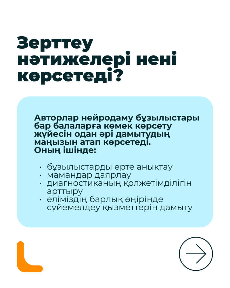 The image displays a slide with the title "What do the research results show?". The main text states that "The authors emphasize the importance of further developing the system of providing assistance to children with neurodevelopmental disorders. Including: early detection of disorders, training specialists, increasing the accessibility of diagnostics, and developing support services in all regions of the country." An orange "L" shape is in the bottom left, and a circular right arrow icon is in the bottom right.