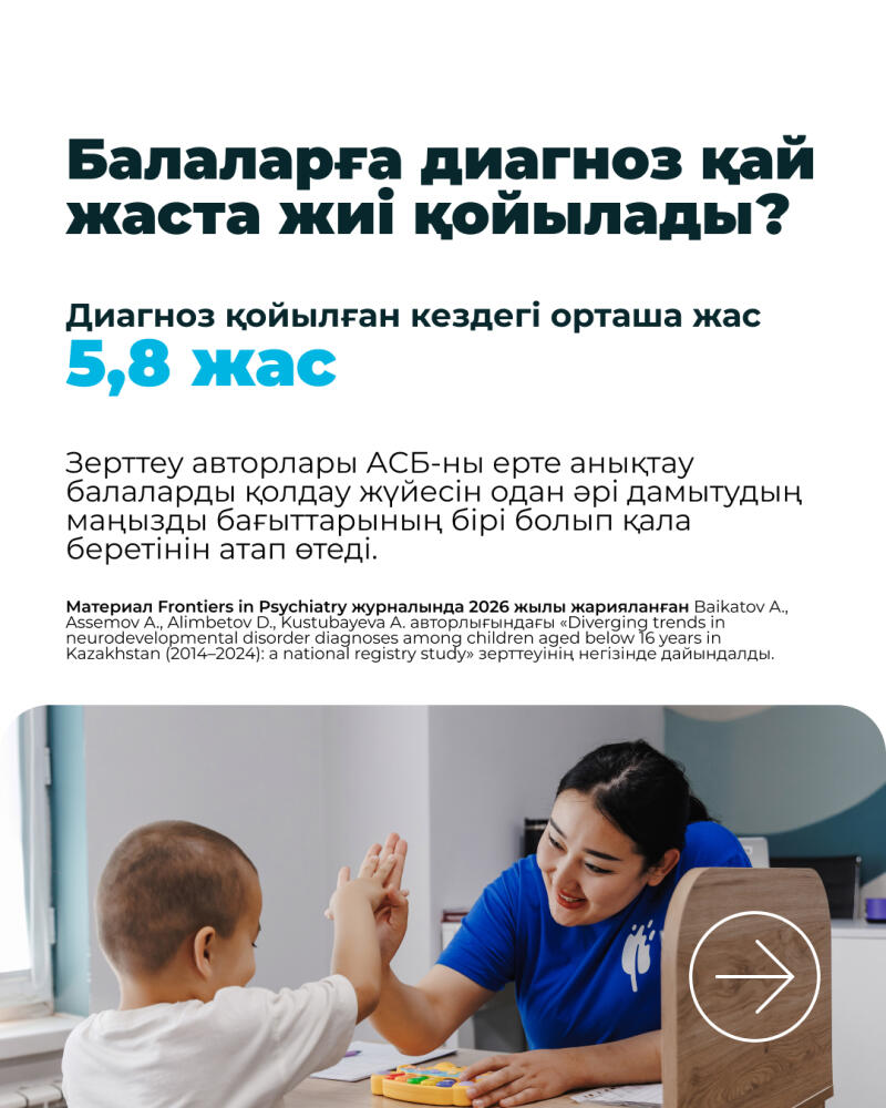 A smiling woman in a blue t-shirt high-fives a child in a white t-shirt over a table with a yellow toy. Above them, text asks "At what age are children most often diagnosed?", stating the "Average age at diagnosis" is "5.8 years", and provides further details about an ASD study.